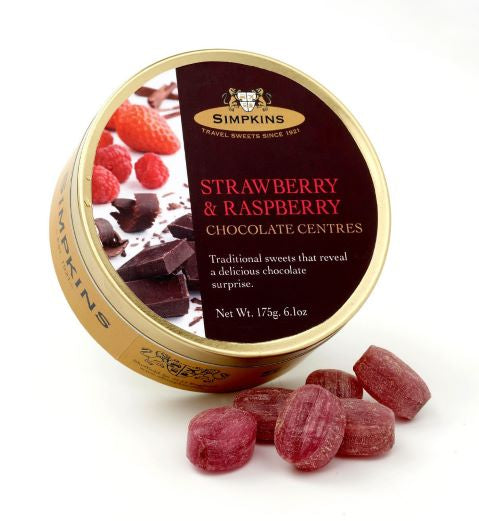 Simpkins Raspberry & Strawberry Chocolate Centres Travel Sweet Tin 175g